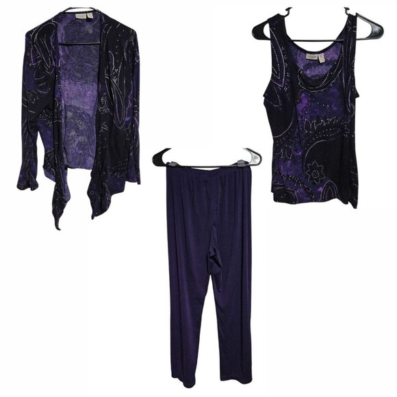 Vintage Chicos Purple Paisley 3 Piece Outfit Size Tank Top Cardigan Pants - Picture 1 of 10
